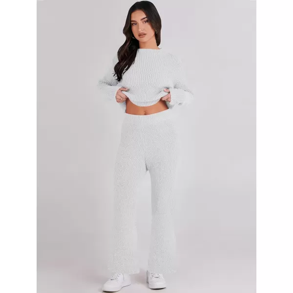 imageANRABESS Womens Two Piece Outfits Chunky Knit Fuzzy Sweater Set Long Sleeve Crop Pullover Wide Leg Pant Matching Lounge SetGrey White