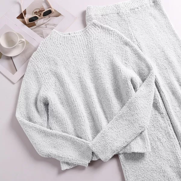 imageANRABESS Womens Two Piece Outfits Chunky Knit Fuzzy Sweater Set Long Sleeve Crop Pullover Wide Leg Pant Matching Lounge SetGrey White