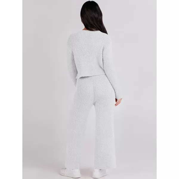 imageANRABESS Womens Two Piece Outfits Chunky Knit Fuzzy Sweater Set Long Sleeve Crop Pullover Wide Leg Pant Matching Lounge SetGrey White