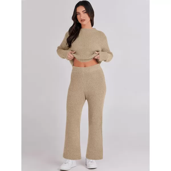 imageANRABESS Womens Two Piece Outfits Chunky Knit Fuzzy Sweater Set Long Sleeve Crop Pullover Wide Leg Pant Matching Lounge SetKhaki