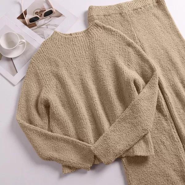 imageANRABESS Womens Two Piece Outfits Chunky Knit Fuzzy Sweater Set Long Sleeve Crop Pullover Wide Leg Pant Matching Lounge SetKhaki