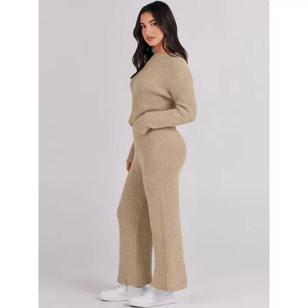 imageANRABESS Womens Two Piece Outfits Chunky Knit Fuzzy Sweater Set Long Sleeve Crop Pullover Wide Leg Pant Matching Lounge SetKhaki