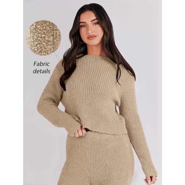 imageANRABESS Womens Two Piece Outfits Chunky Knit Fuzzy Sweater Set Long Sleeve Crop Pullover Wide Leg Pant Matching Lounge SetKhaki