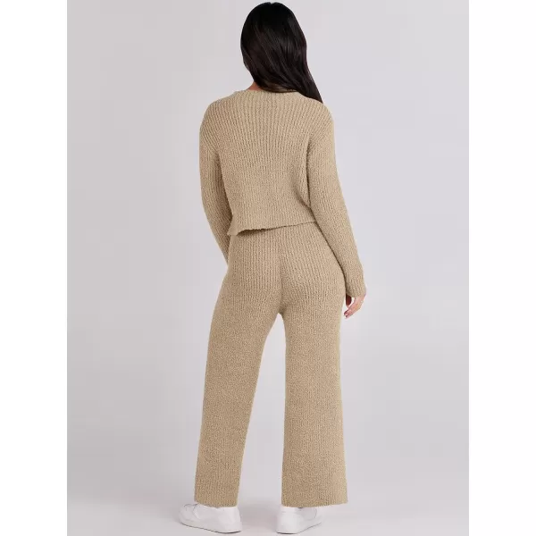 imageANRABESS Womens Two Piece Outfits Chunky Knit Fuzzy Sweater Set Long Sleeve Crop Pullover Wide Leg Pant Matching Lounge SetKhaki