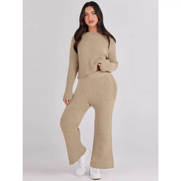 imageANRABESS Womens Two Piece Outfits Chunky Knit Fuzzy Sweater Set Long Sleeve Crop Pullover Wide Leg Pant Matching Lounge SetKhaki