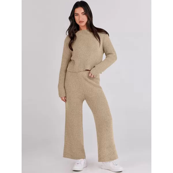 imageANRABESS Womens Two Piece Outfits Chunky Knit Fuzzy Sweater Set Long Sleeve Crop Pullover Wide Leg Pant Matching Lounge SetKhaki