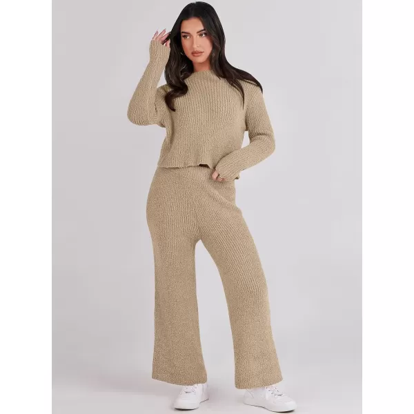 imageANRABESS Womens Two Piece Outfits Chunky Knit Fuzzy Sweater Set Long Sleeve Crop Pullover Wide Leg Pant Matching Lounge SetKhaki