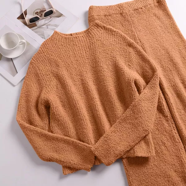 imageANRABESS Womens Two Piece Outfits Chunky Knit Fuzzy Sweater Set Long Sleeve Crop Pullover Wide Leg Pant Matching Lounge SetOrange