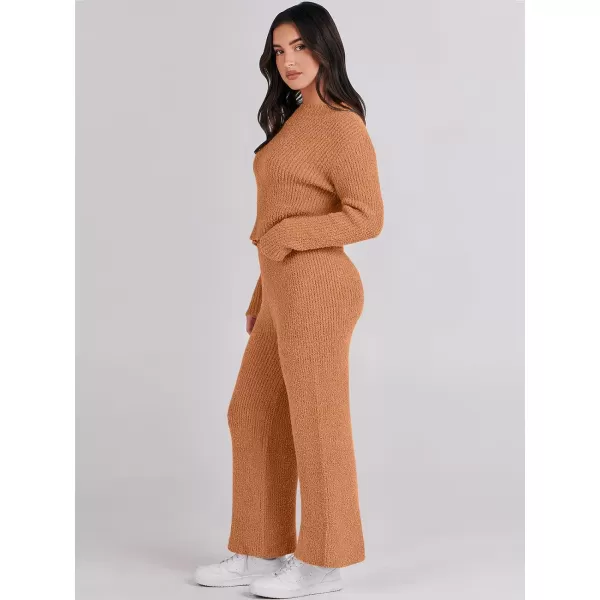 imageANRABESS Womens Two Piece Outfits Chunky Knit Fuzzy Sweater Set Long Sleeve Crop Pullover Wide Leg Pant Matching Lounge SetOrange