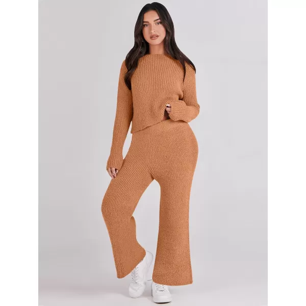 imageANRABESS Womens Two Piece Outfits Chunky Knit Fuzzy Sweater Set Long Sleeve Crop Pullover Wide Leg Pant Matching Lounge SetOrange