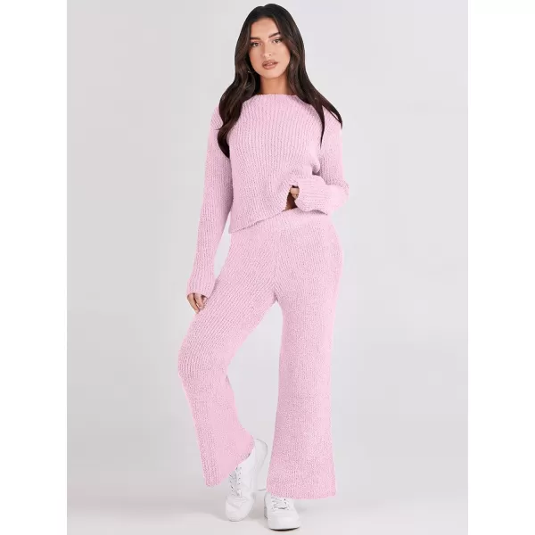 imageANRABESS Womens Two Piece Outfits Chunky Knit Fuzzy Sweater Set Long Sleeve Crop Pullover Wide Leg Pant Matching Lounge SetPink