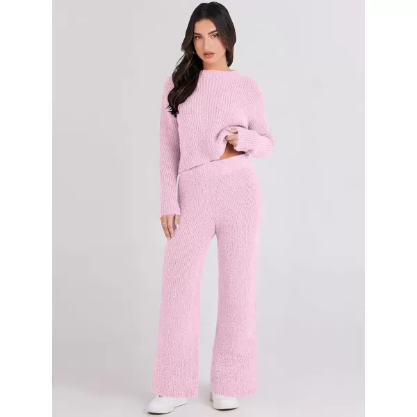 imageANRABESS Womens Two Piece Outfits Chunky Knit Fuzzy Sweater Set Long Sleeve Crop Pullover Wide Leg Pant Matching Lounge SetPink