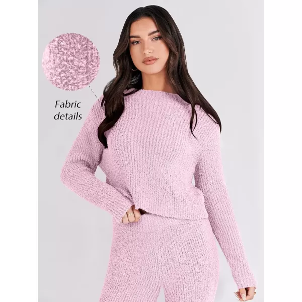 imageANRABESS Womens Two Piece Outfits Chunky Knit Fuzzy Sweater Set Long Sleeve Crop Pullover Wide Leg Pant Matching Lounge SetPink