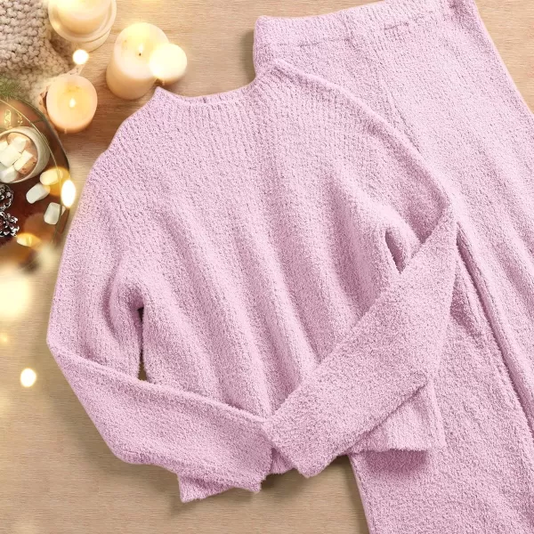 imageANRABESS Womens Two Piece Outfits Chunky Knit Fuzzy Sweater Set Long Sleeve Crop Pullover Wide Leg Pant Matching Lounge SetPink