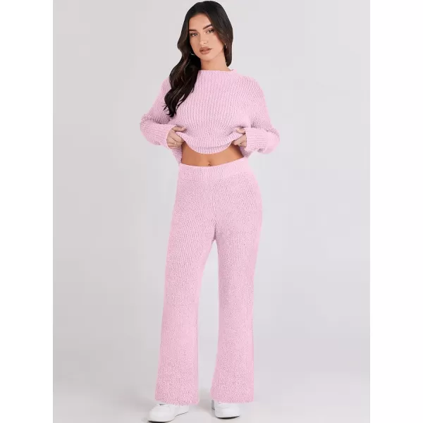 imageANRABESS Womens Two Piece Outfits Chunky Knit Fuzzy Sweater Set Long Sleeve Crop Pullover Wide Leg Pant Matching Lounge SetPink