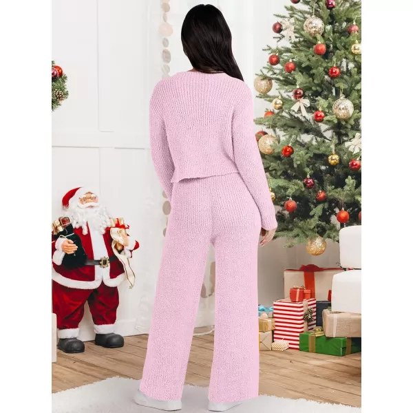 imageANRABESS Womens Two Piece Outfits Chunky Knit Fuzzy Sweater Set Long Sleeve Crop Pullover Wide Leg Pant Matching Lounge SetPink