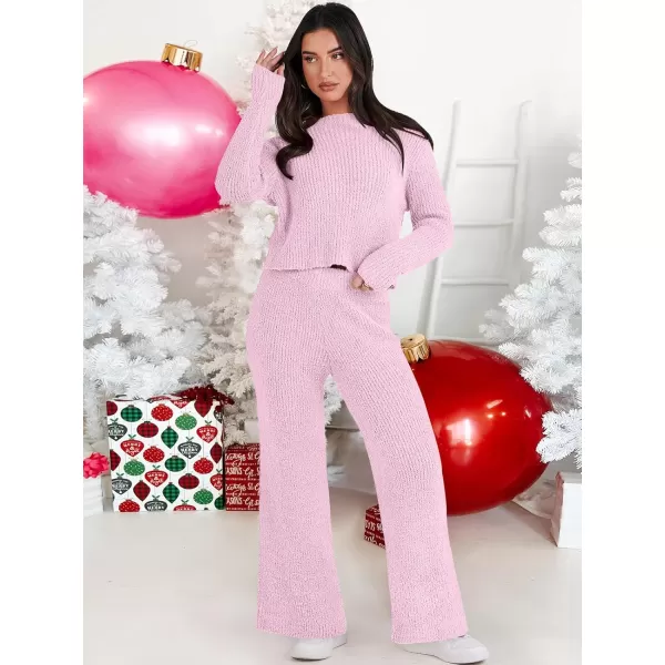 imageANRABESS Womens Two Piece Outfits Chunky Knit Fuzzy Sweater Set Long Sleeve Crop Pullover Wide Leg Pant Matching Lounge SetPink
