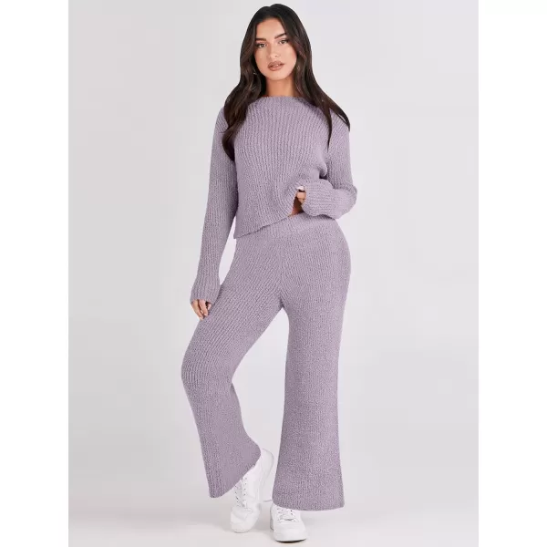 imageANRABESS Womens Two Piece Outfits Chunky Knit Fuzzy Sweater Set Long Sleeve Crop Pullover Wide Leg Pant Matching Lounge SetPurple