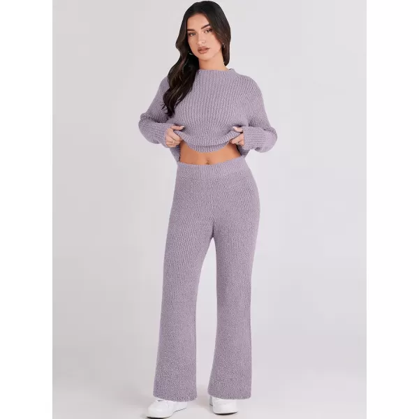 imageANRABESS Womens Two Piece Outfits Chunky Knit Fuzzy Sweater Set Long Sleeve Crop Pullover Wide Leg Pant Matching Lounge SetPurple