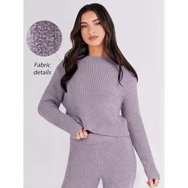 imageANRABESS Womens Two Piece Outfits Chunky Knit Fuzzy Sweater Set Long Sleeve Crop Pullover Wide Leg Pant Matching Lounge SetPurple