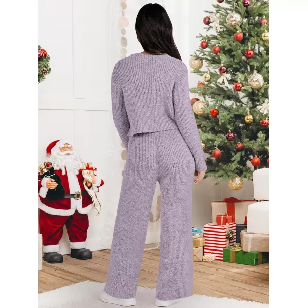 imageANRABESS Womens Two Piece Outfits Chunky Knit Fuzzy Sweater Set Long Sleeve Crop Pullover Wide Leg Pant Matching Lounge SetPurple