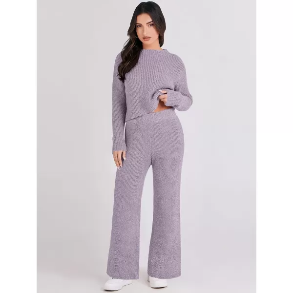 imageANRABESS Womens Two Piece Outfits Chunky Knit Fuzzy Sweater Set Long Sleeve Crop Pullover Wide Leg Pant Matching Lounge SetPurple