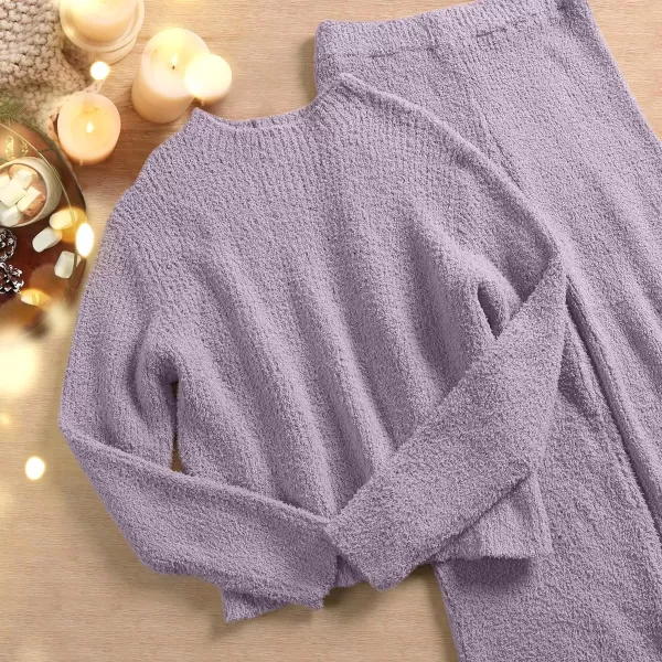 imageANRABESS Womens Two Piece Outfits Chunky Knit Fuzzy Sweater Set Long Sleeve Crop Pullover Wide Leg Pant Matching Lounge SetPurple