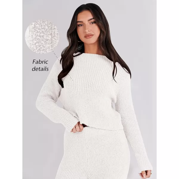 imageANRABESS Womens Two Piece Outfits Chunky Knit Fuzzy Sweater Set Long Sleeve Crop Pullover Wide Leg Pant Matching Lounge SetWhite