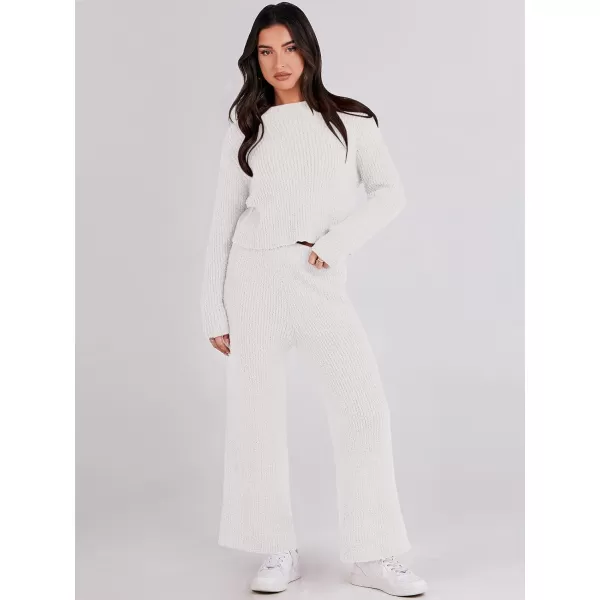 imageANRABESS Womens Two Piece Outfits Chunky Knit Fuzzy Sweater Set Long Sleeve Crop Pullover Wide Leg Pant Matching Lounge SetWhite