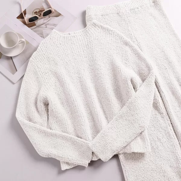 imageANRABESS Womens Two Piece Outfits Chunky Knit Fuzzy Sweater Set Long Sleeve Crop Pullover Wide Leg Pant Matching Lounge SetWhite