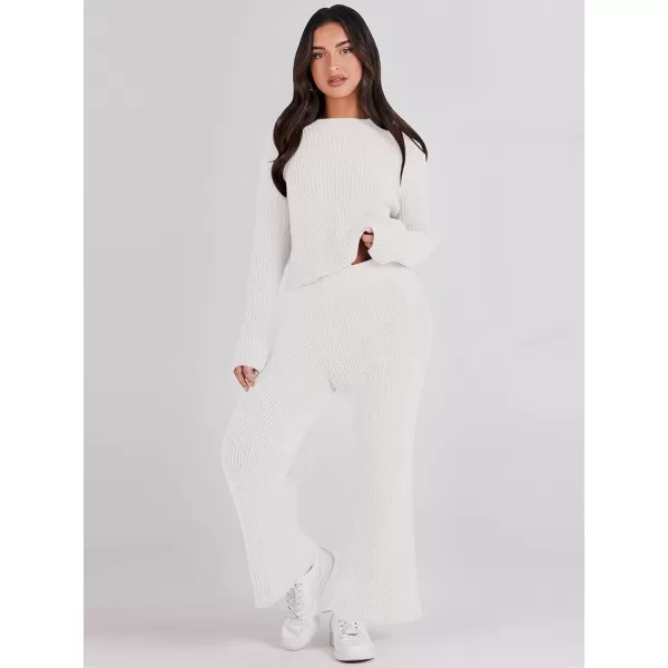 imageANRABESS Womens Two Piece Outfits Chunky Knit Fuzzy Sweater Set Long Sleeve Crop Pullover Wide Leg Pant Matching Lounge SetWhite