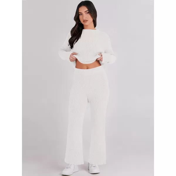 imageANRABESS Womens Two Piece Outfits Chunky Knit Fuzzy Sweater Set Long Sleeve Crop Pullover Wide Leg Pant Matching Lounge SetWhite
