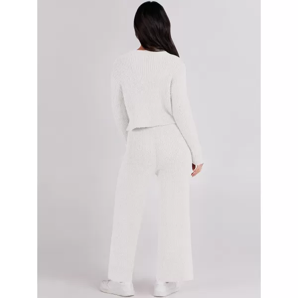 imageANRABESS Womens Two Piece Outfits Chunky Knit Fuzzy Sweater Set Long Sleeve Crop Pullover Wide Leg Pant Matching Lounge SetWhite