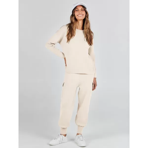 imageANRABESS Womens Two Piece Outfits Knit Sweater Sets Long Sleeve Pullover Tops Cargo Jogger Pants Lounge Matching SetsApricot