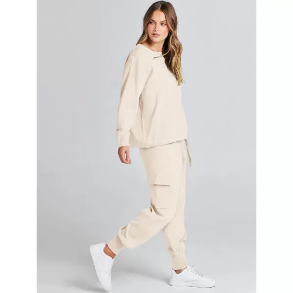 imageANRABESS Womens Two Piece Outfits Knit Sweater Sets Long Sleeve Pullover Tops Cargo Jogger Pants Lounge Matching SetsApricot