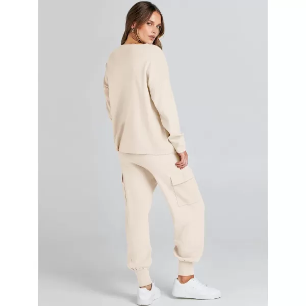 imageANRABESS Womens Two Piece Outfits Knit Sweater Sets Long Sleeve Pullover Tops Cargo Jogger Pants Lounge Matching SetsApricot