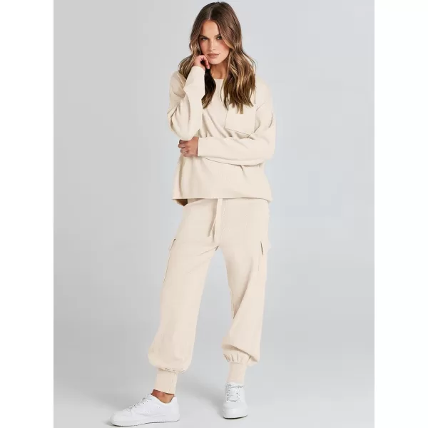 imageANRABESS Womens Two Piece Outfits Knit Sweater Sets Long Sleeve Pullover Tops Cargo Jogger Pants Lounge Matching SetsApricot