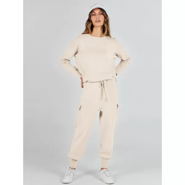 imageANRABESS Womens Two Piece Outfits Knit Sweater Sets Long Sleeve Pullover Tops Cargo Jogger Pants Lounge Matching SetsApricot