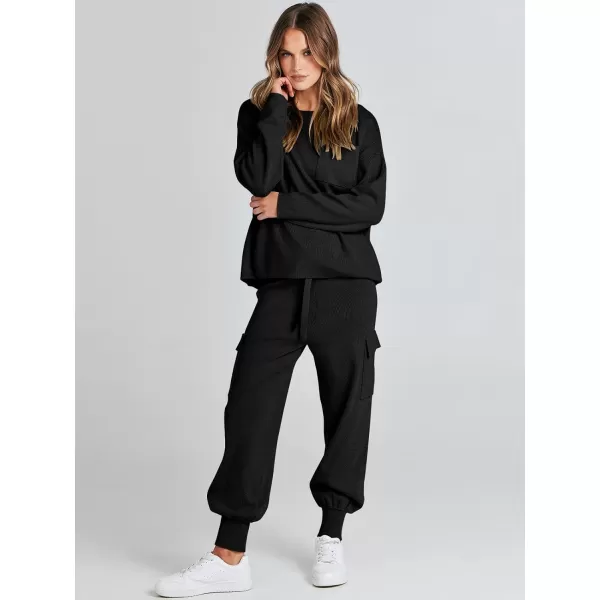 imageANRABESS Womens Two Piece Outfits Knit Sweater Sets Long Sleeve Pullover Tops Cargo Jogger Pants Lounge Matching SetsBlack