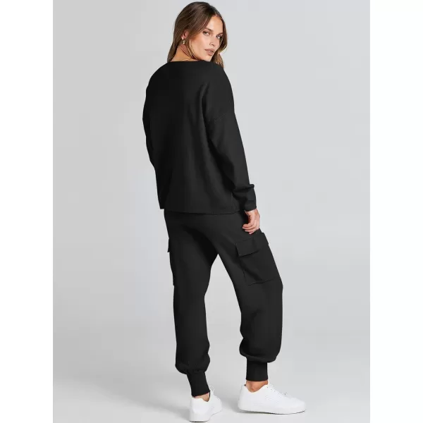 imageANRABESS Womens Two Piece Outfits Knit Sweater Sets Long Sleeve Pullover Tops Cargo Jogger Pants Lounge Matching SetsBlack