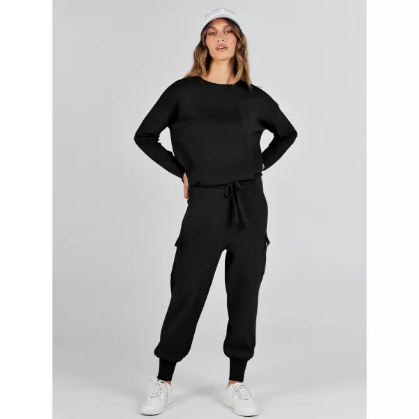 imageANRABESS Womens Two Piece Outfits Knit Sweater Sets Long Sleeve Pullover Tops Cargo Jogger Pants Lounge Matching SetsBlack