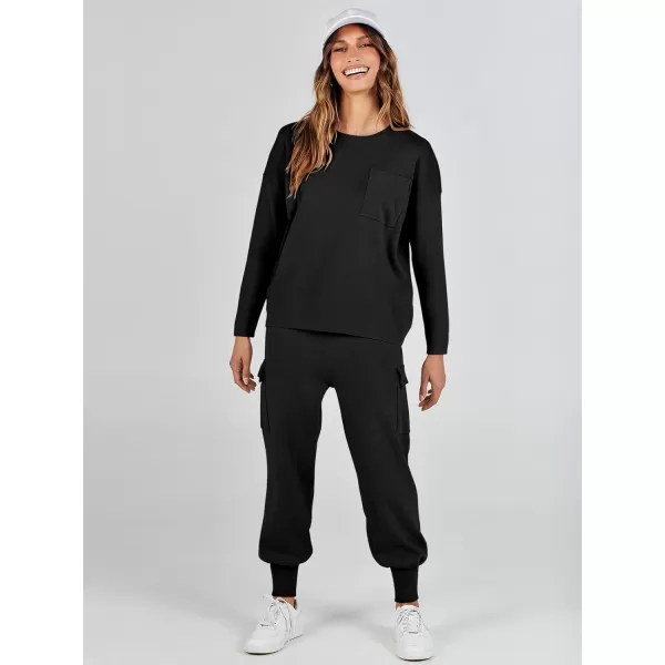 imageANRABESS Womens Two Piece Outfits Knit Sweater Sets Long Sleeve Pullover Tops Cargo Jogger Pants Lounge Matching SetsBlack