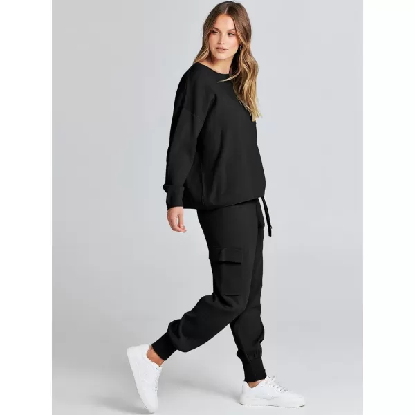 imageANRABESS Womens Two Piece Outfits Knit Sweater Sets Long Sleeve Pullover Tops Cargo Jogger Pants Lounge Matching SetsBlack