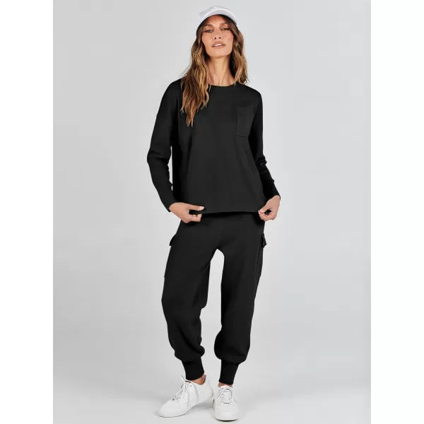 imageANRABESS Womens Two Piece Outfits Knit Sweater Sets Long Sleeve Pullover Tops Cargo Jogger Pants Lounge Matching SetsBlack