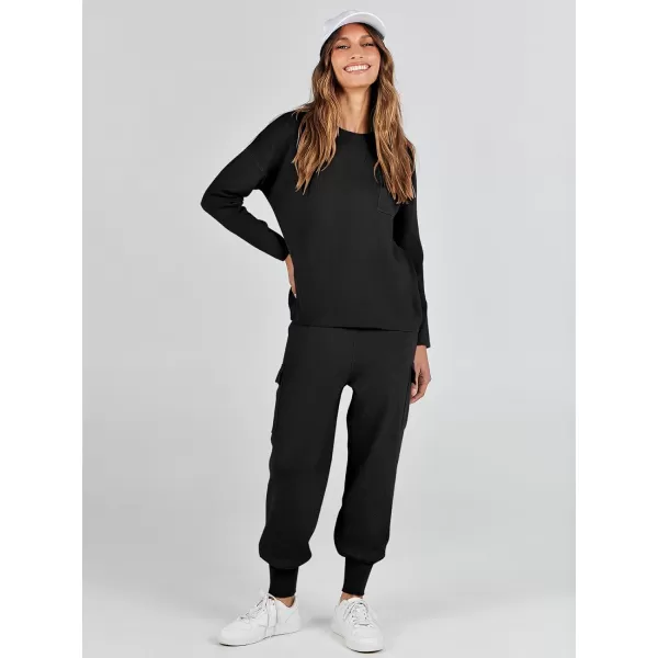 imageANRABESS Womens Two Piece Outfits Knit Sweater Sets Long Sleeve Pullover Tops Cargo Jogger Pants Lounge Matching SetsBlack