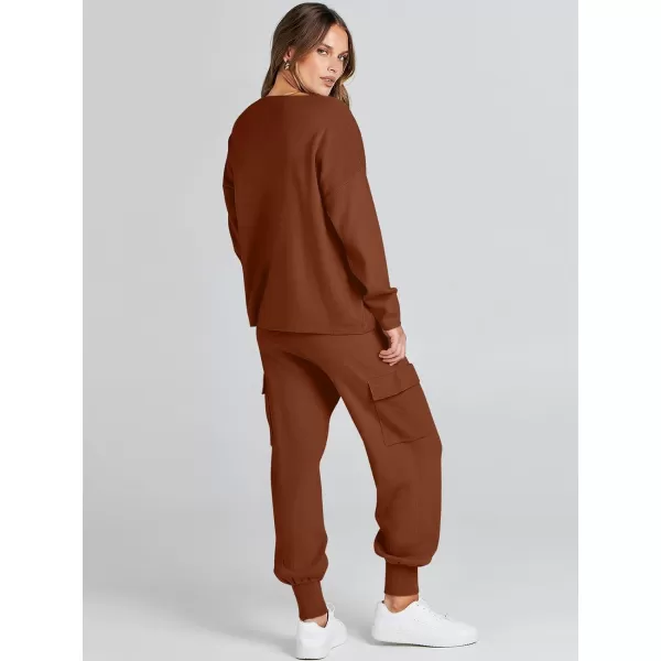 imageANRABESS Womens Two Piece Outfits Knit Sweater Sets Long Sleeve Pullover Tops Cargo Jogger Pants Lounge Matching SetsBrown