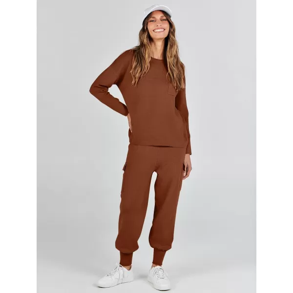 imageANRABESS Womens Two Piece Outfits Knit Sweater Sets Long Sleeve Pullover Tops Cargo Jogger Pants Lounge Matching SetsBrown