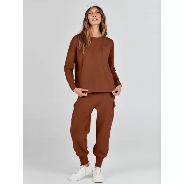 imageANRABESS Womens Two Piece Outfits Knit Sweater Sets Long Sleeve Pullover Tops Cargo Jogger Pants Lounge Matching SetsBrown