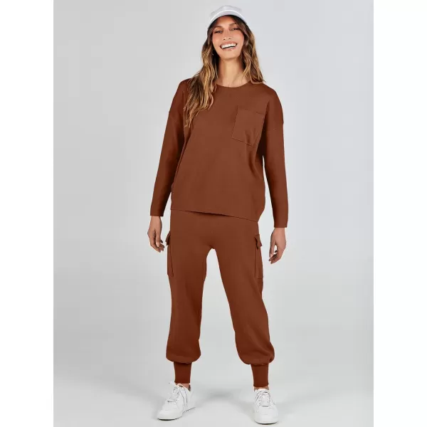 imageANRABESS Womens Two Piece Outfits Knit Sweater Sets Long Sleeve Pullover Tops Cargo Jogger Pants Lounge Matching SetsBrown