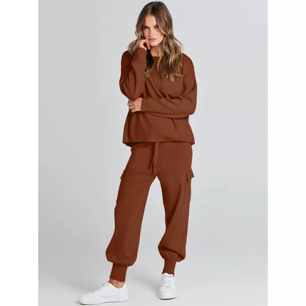 imageANRABESS Womens Two Piece Outfits Knit Sweater Sets Long Sleeve Pullover Tops Cargo Jogger Pants Lounge Matching SetsBrown